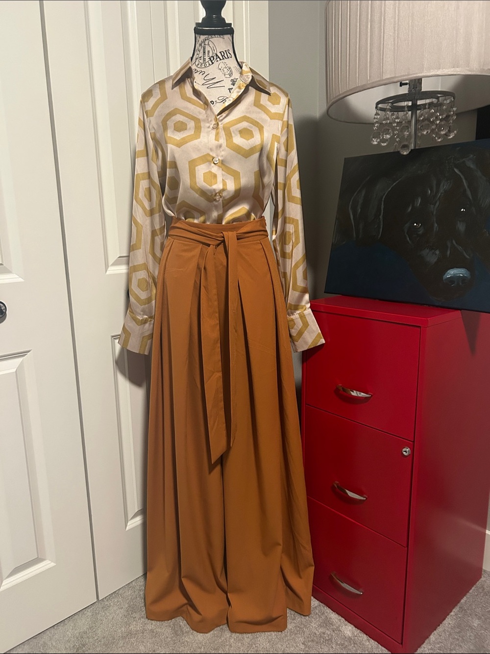 NWOT Geometric Silk-Feel Button-Up Shirt - Gold Hexagon Print